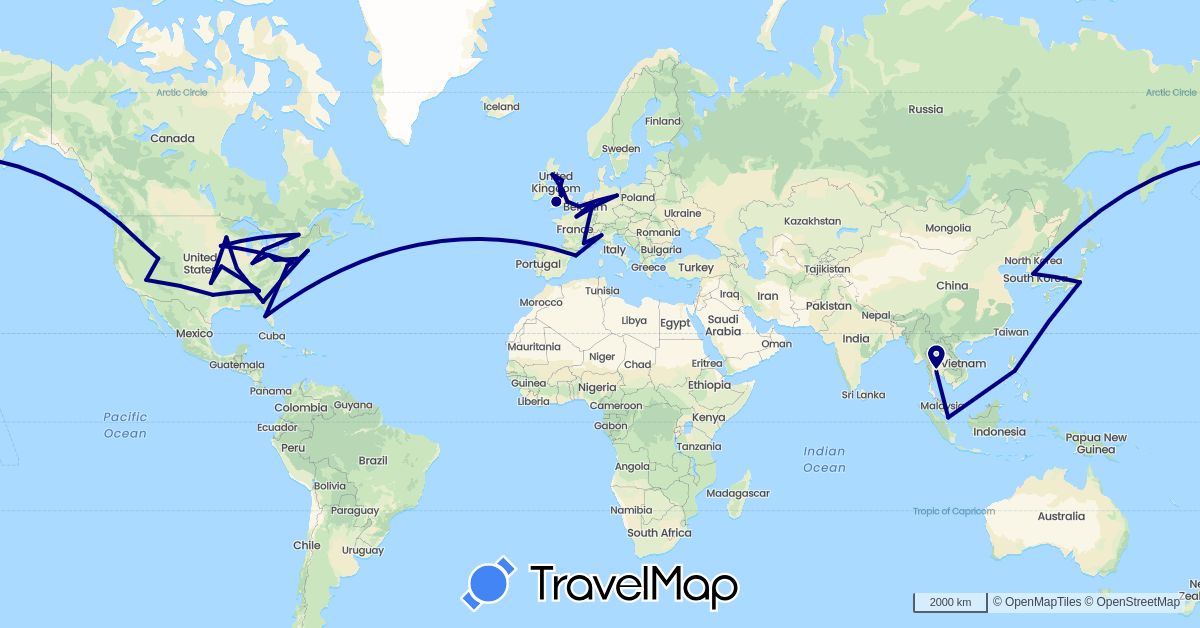 TravelMap itinerary: driving in Canada, Germany, Spain, France, United Kingdom, Italy, Japan, South Korea, Philippines, Singapore, Thailand, United States (Asia, Europe, North America)